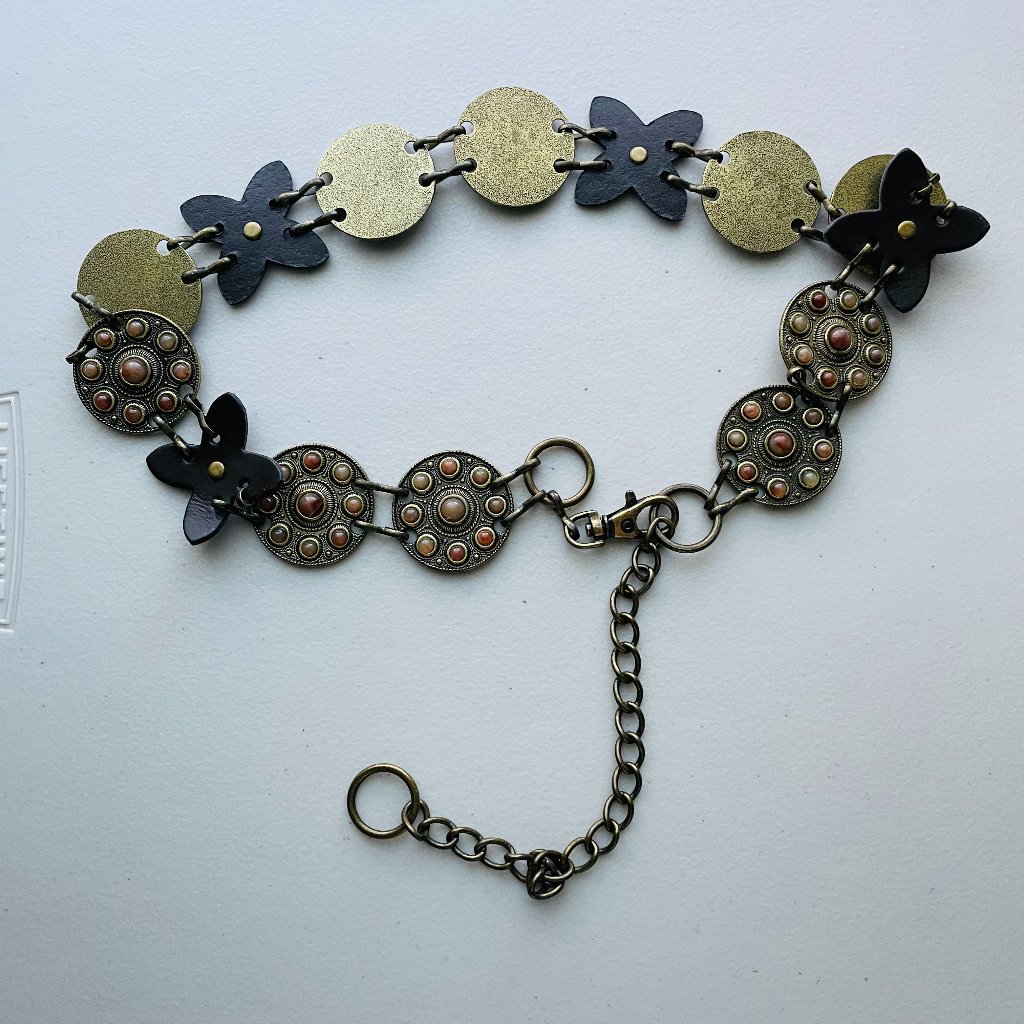 Boho Brass Metal Leather Stones Studded Links Belt Os Length 39”